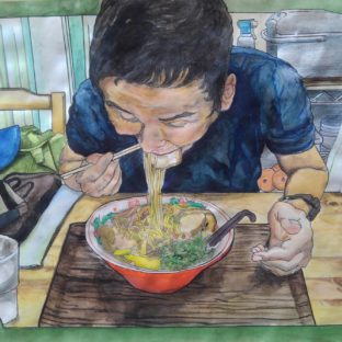 中華そばをすする友人